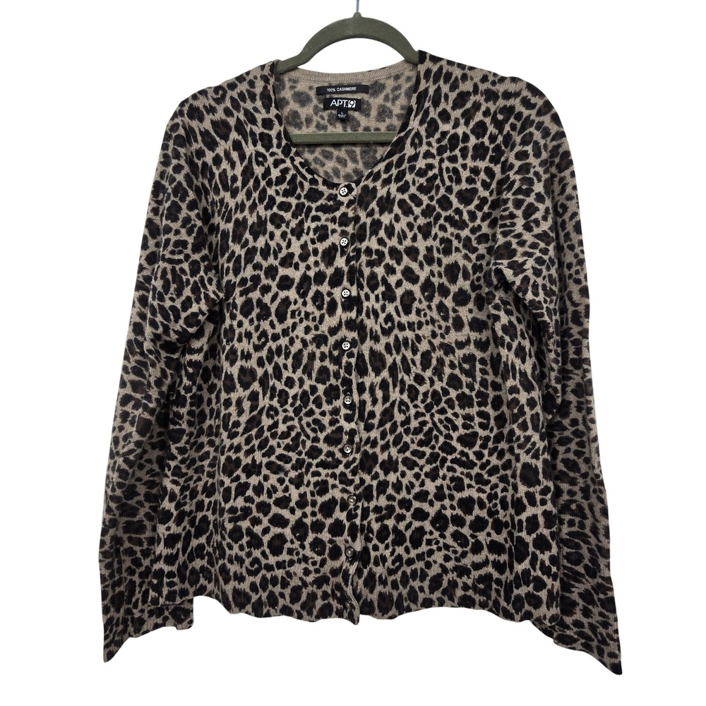 Apt 9 100% Cashmere Button Up Cardigan Womens L Brown Leopard  Animal Print Soft